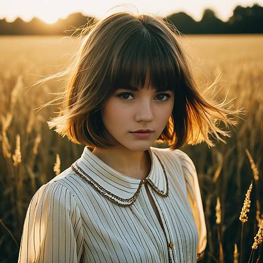 Young Woman with Layered Bob Hairstyle in Field