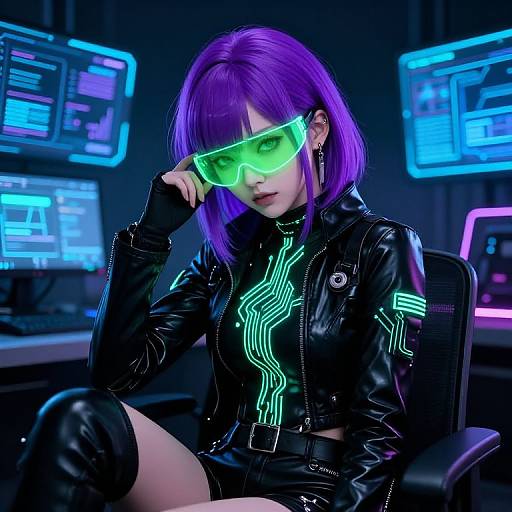 Digital photograph of a purple-haired woman in neon green visor, black leather jacket, and shorts, sitting in a cyberpunk-themed room with glowing screens