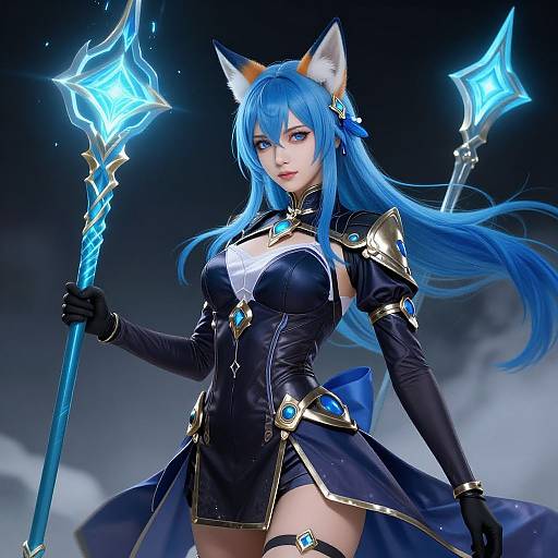 Digital artwork of a blue-haired, fox-eared woman with glowing blue eyes, wearing a black and gold armored dress, holding glowing staffs, against