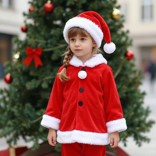 Young Girl in Santa Outfit by Tree