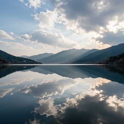 Photograph of a tranquil mountain lake with mirrored reflections of cloudy sky and sunbeams, surrounded by dark, forested hills.