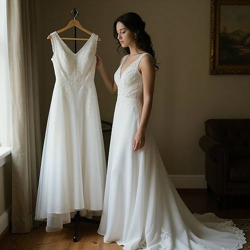 Photograph of a brunette woman in a white lace wedding dress, standing beside a similar dress on a wooden hanger near a window. Soft natural light