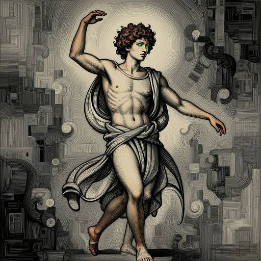 Digital illustration of a muscular, green-eyed, curly-haired male figure with a draped cloth, posing dynamically against a black-and-gray, abstract, geometric background