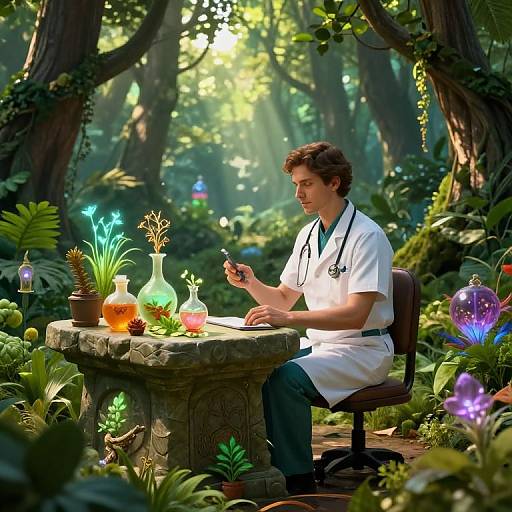 Photograph-like digital art of a young male scientist in white lab coat, sitting in enchanted forest, mixing colorful potions on stone table with glowing plants and