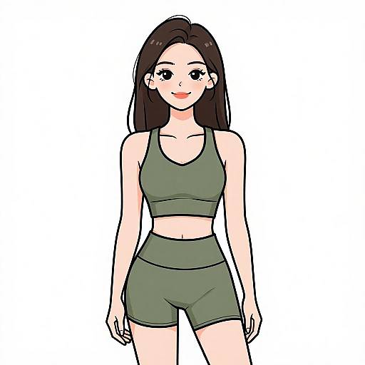 Digital anime-style drawing of a smiling young woman with long black hair, wearing a green sports bra and matching shorts, standing against a white background.