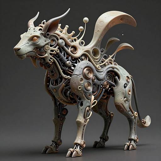 Photograph of a detailed, metallic, sci-fi fantasy creature with intricate mechanical parts, glowing orange eyes, and flowing, curved appendages against a dark