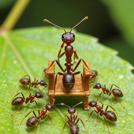 Macro photograph of a large red ant standing on a tiny wooden chair, surrounded by smaller red ants on a green leaf.