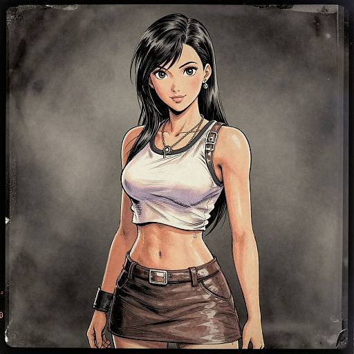 Digital drawing of a slim, attractive woman with long black hair, wearing a white crop top and brown leather skirt, against a gray, textured background.