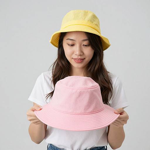 Woman Displaying Pink Yellow Hat