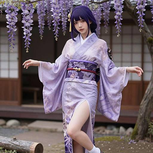 Digital illustration of a Japanese woman with short blue hair, wearing a lavender kimono with floral patterns, standing in front of a traditional wooden building, surrounded