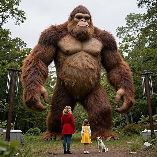 Photograph of a giant, muscular, brown-furred gorilla towering over two children, one in red and one in yellow, with a small white