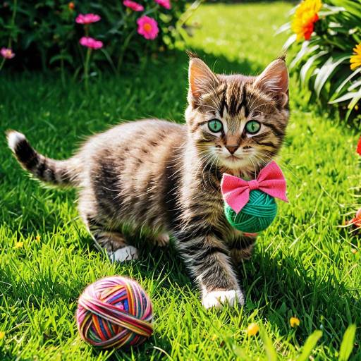 Tabby Kitten with Pink Bow Playing in Garden