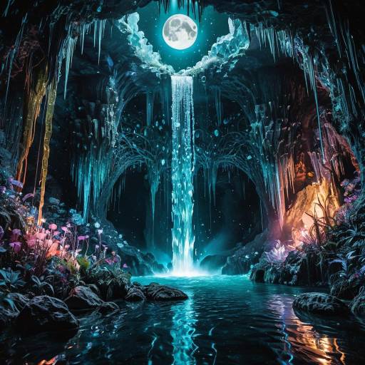 Surreal Crystal Cave with Glowing Waterfall and Moon