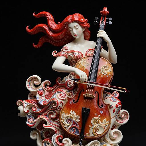Digital painting of a fair-skinned woman with flowing red hair, playing a wooden, ornate cello with swirling red and white patterns, set against