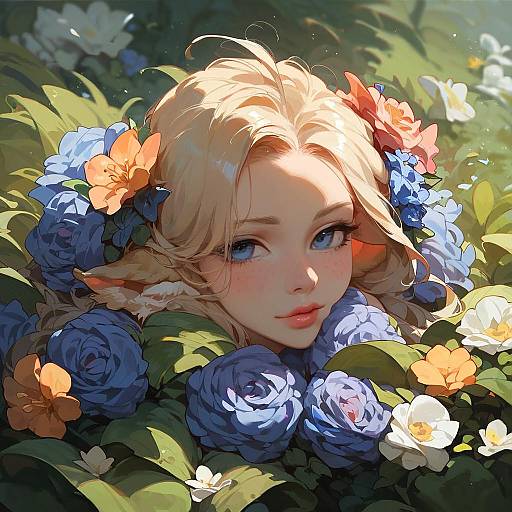 Fantasy Elf Girl Among Blue and Orange Flowers