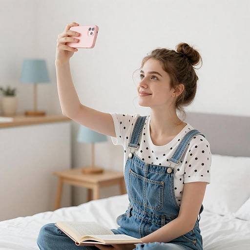 Young Woman Bedtime Selfie in Overalls
