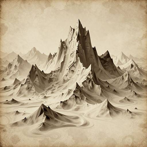 Sepia-toned digital artwork of jagged, mountainous peaks with swirling snow patterns, creating a surreal, otherworldly landscape. Textured,
