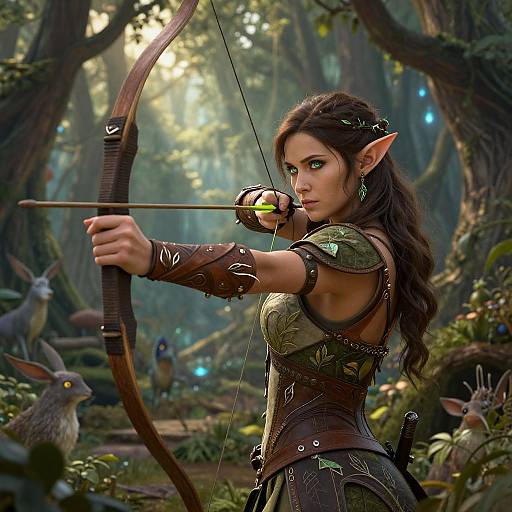 Digital fantasy artwork: Elf archer with pointed ears, green armor, and dark hair, draws bow in enchanted forest with glowing mushrooms and rabbits.