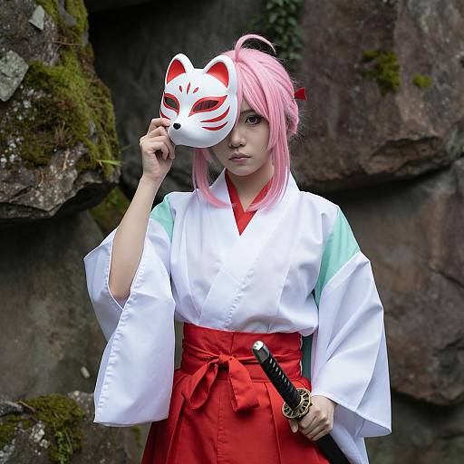Serious Cosplayer in Vibrant Kimono