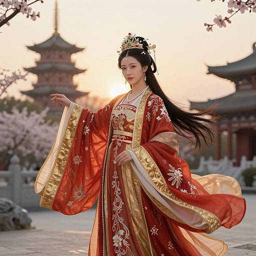 Photograph of an Asian woman in a red and gold traditional Chinese dress with floral embroidery, wearing a crown, standing gracefully in front of a sunset-l