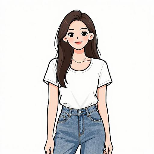 Digital illustration of a smiling Asian woman with long black hair, wearing a white T-shirt and blue jeans, standing against a plain white background.