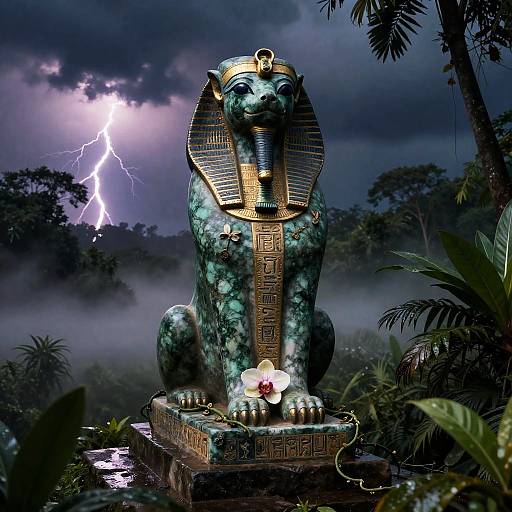 Wadjet Cobra Goddess Statue in Misty Jungle Storm