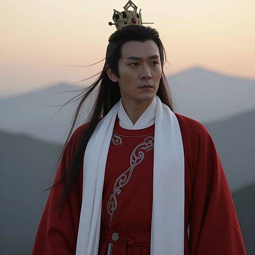Photograph of an Asian man with long black hair, wearing a red royal robe, white scarf, and golden crown, standing against a mountainous sunset