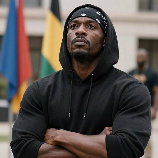 Confident Man in Hoodie Amidst Colorful Flags
