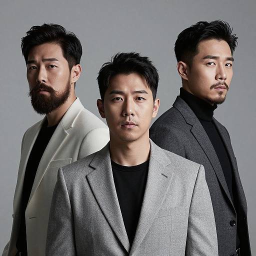 Photograph of three Asian men with black hair and beards, wearing suits: white, gray, and black, standing against gray background.