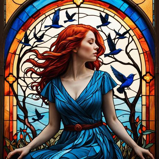 Woman with Red Hair and Blue Dress by Stained Glass Window