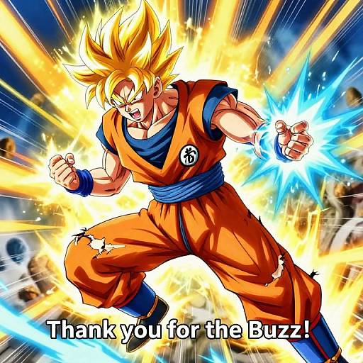 Digital artwork of Super Saiyan Goku, mid-fight, with glowing yellow aura and blue energy, wearing orange gi, blue sash, and wrist