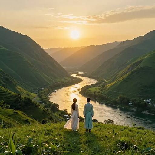 Photograph of a bride in white and groom in teal suit, standing on grassy hill, watching sunset over a winding river in lush, green valley
