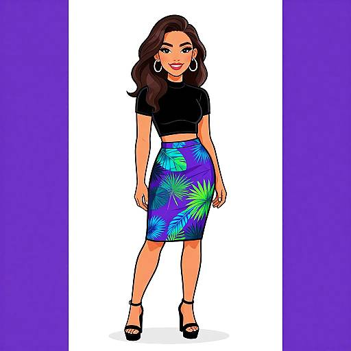 Digital illustration of a smiling woman with long brown hair, wearing a black crop top, blue floral skirt, hoop earrings, and black high heels, standing