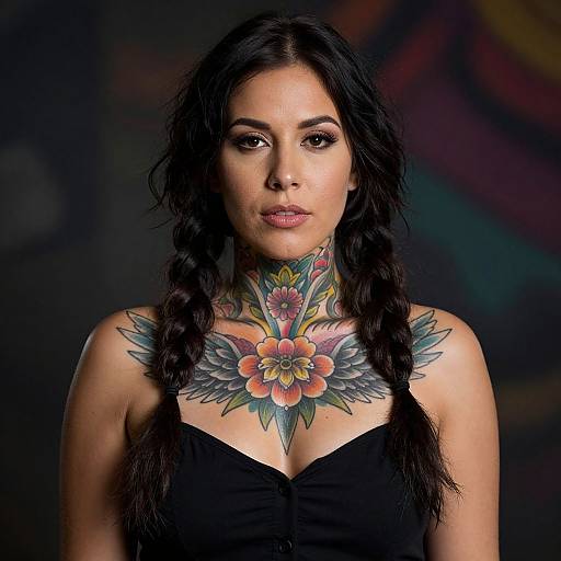 Photograph of a woman with long black hair in braids, wearing a black top, showcasing a colorful floral tattoo on her neck and chest, against