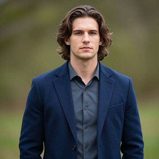 Photograph of a serious, young Caucasian man with wavy brown hair, wearing a dark blue blazer and gray button-up shirt, standing outdoors against