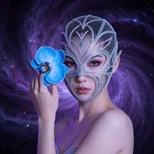 Photograph of a fair-skinned woman with a silver mesh mask, holding a glowing blue flower, against a cosmic purple galaxy background.
