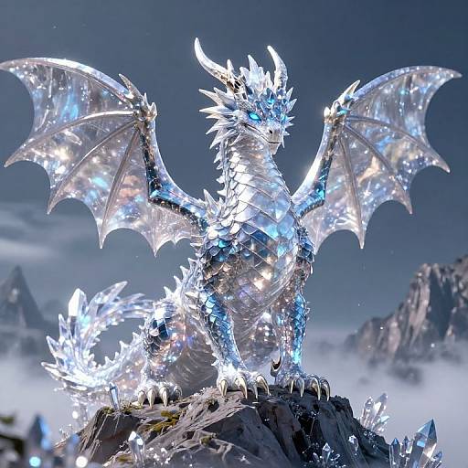 Glowing, illuminated crystal dragon statue with transparent wings, standing on a rocky peak, surrounded by mist and mountainous landscape. Photorealistic CGI
