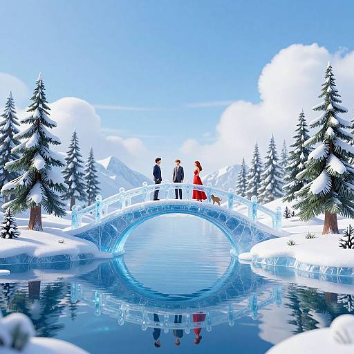 Digital illustration of a snow-covered, ice-arched bridge with a couple in winter clothes, standing with a dog, surrounded by snow-laden pine