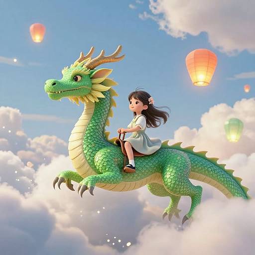 Digital illustration of a green dragon with yellow horns and scales, carrying a young Asian girl in a white dress and black shoes, soaring through a blue sky