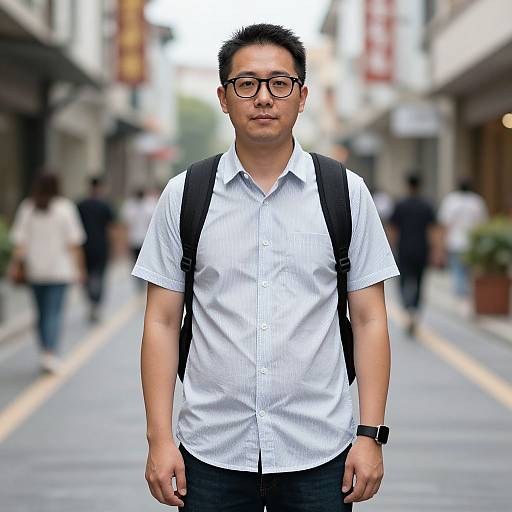 Photograph of a young Asian man with short black hair, glasses, white shirt, black backpack, and black pants, standing in a busy urban street