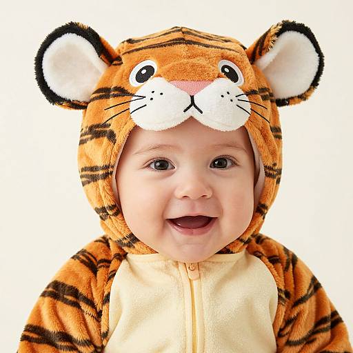 Photograph of a smiling baby with light skin, brown eyes, and wearing an adorable tiger onesie with striped hood and cartoon face.