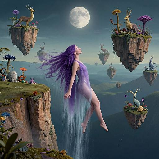 Digital fantasy artwork: A purple-haired woman in a translucent dress floats between floating cliff islands, surrounded by whimsical animals and colorful flowers under a full moon