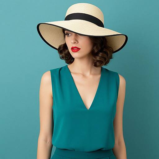Photograph of a fair-skinned woman with curly brown hair, red lipstick, wearing a teal sleeveless V-neck blouse, and a large white sun