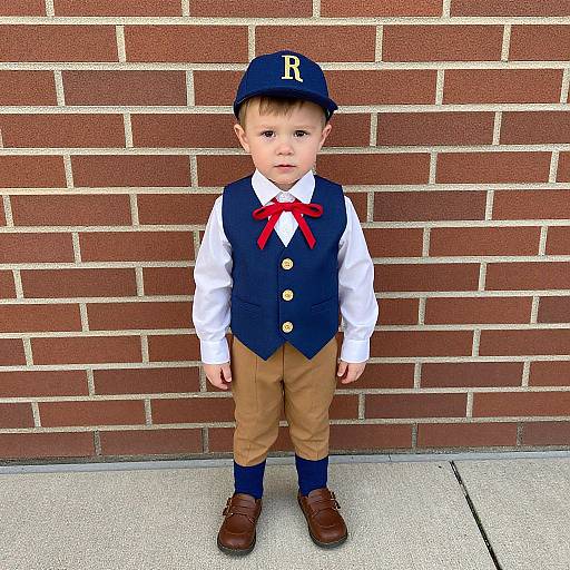 Photograph of a young boy in a navy vest, white shirt, red bowtie, brown pants, navy cap, and brown shoes, standing against