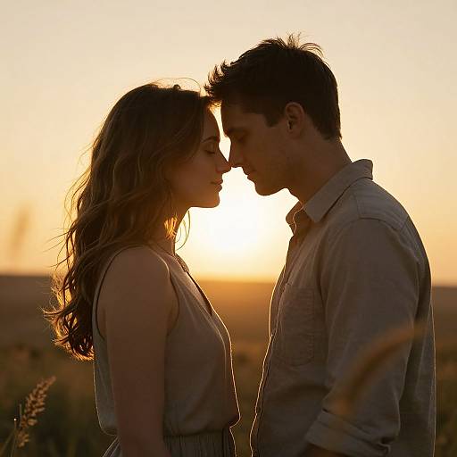 Photograph of a silhouetted couple standing close, forehead to forehead, at sunset with golden light, wearing casual shirts, in a field.