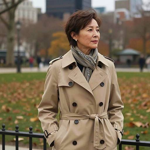 Photograph of an Asian woman with short brown hair, wearing a beige trench coat, gray scarf, standing in a park with autumn leaves. Background shows