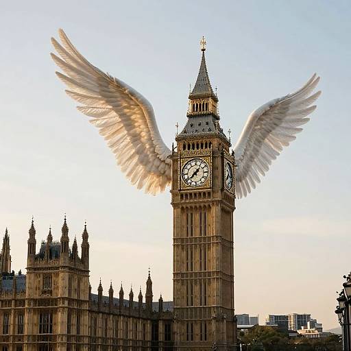 Photograph of the iconic Big Ben clock tower in London with large, ethereal white wings superimposed, set against a clear blue sky.