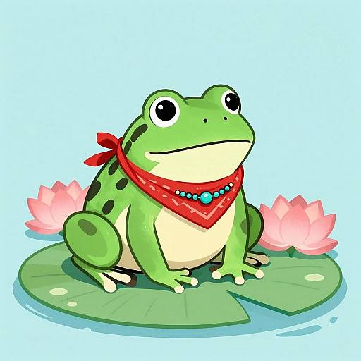 Cartoon green frog with black spots, red bandana, blue bead necklace, sitting on lily pad with pink lotus flowers, blue background.