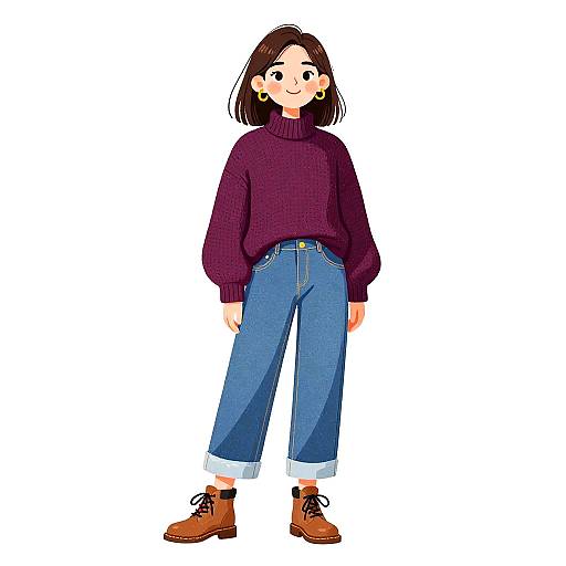 Digital illustration of a young woman with straight brown hair, wearing a purple turtleneck, blue cuffed jeans, and brown boots, standing against a