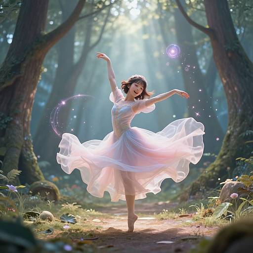 A magical forest scene with a fairytale-like woman in a flowing white dress, dancing gracefully, surrounded by glowing orbs and sunlight filtering through trees.